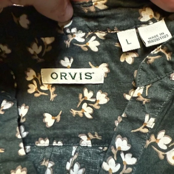Orvis Women’s Large Dark Green Cotton Button-Down Blouse White Floral Print - Picture 6 of 8